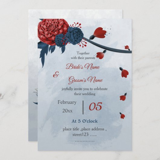 ロマンチックな海軍とブルゴーニュ結婚の花 招待状 (正面/裏面)
