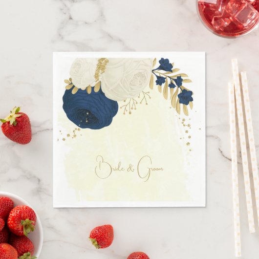 ロマンチックな海軍と白い花結婚金ゴールド スタンダードランチョンナプキン (インサイチュ)