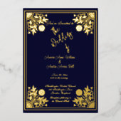 ロマンチックな海軍と金箔のフレームと文字結婚ズ 箔招待状 (正面)