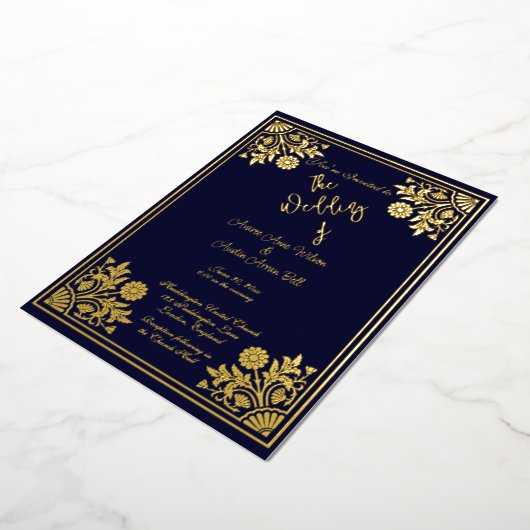 ロマンチックな海軍と金箔のフレームと文字結婚ズ 箔招待状 (回転した状態)