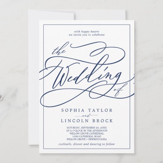 ロマンチックな海軍の書道の枠結婚をすべて 招待状 (正面)