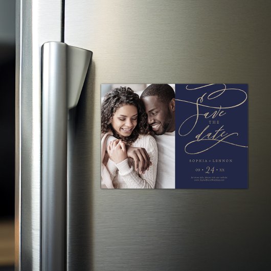 ロマンチックな海軍の書道写真は日付を保存 マグネット招待状