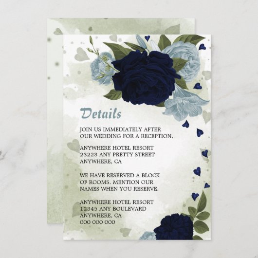 ロマンチックな海軍&ほこりっぽい青い花の緑の詳細 エンクロージャーカード (正面/裏面)