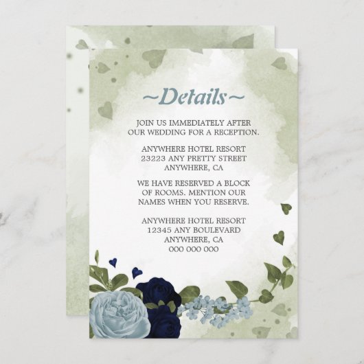 ロマンチックな海軍&ほこりっぽい青い花の緑の詳細 エンクロージャーカード (正面/裏面)