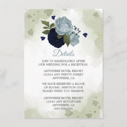 ロマンチックな海軍&ほこりっぽい青い花の緑の詳細 エンクロージャーカード (正面)