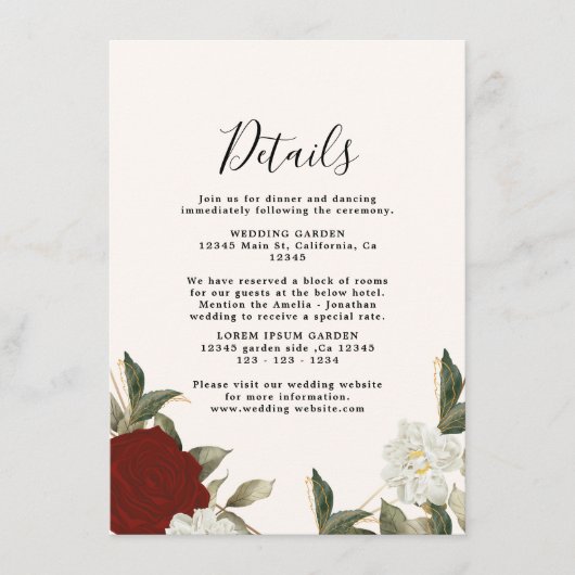 ロマンチックな深紅のバラの花束 ウェディングの詳細 エンクロージャーカード (正面)