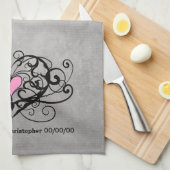 ロマンチックな渦とハート結婚の キッチンタオル (四つ折り)