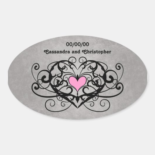 ロマンチックな渦とハート結婚の 楕円形シール (正面)