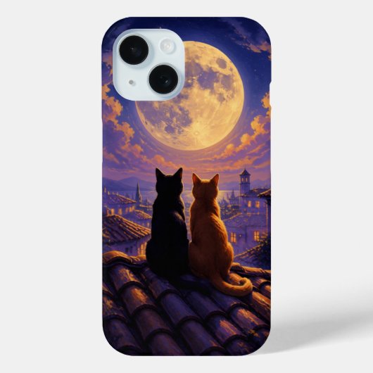 ロマンチックな満月と夜空を見つめる二匹の猫 Case-Mate iPhoneケース (裏面)