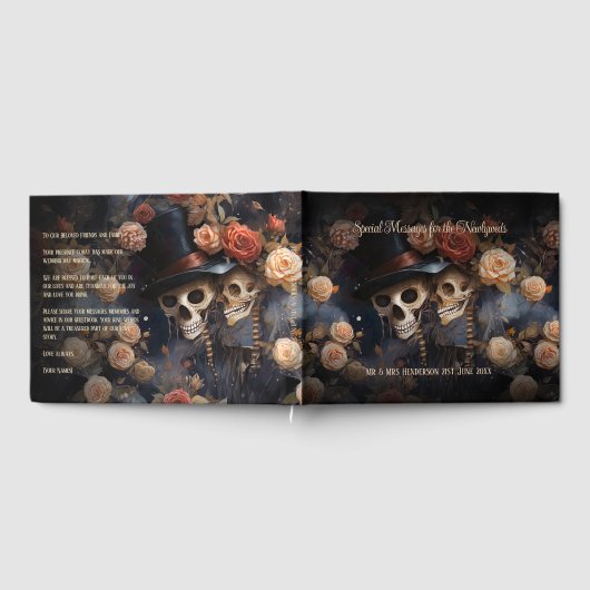 ロマンチックな濃い花のキスのスカルゴシックウェディング ゲストブック (全面)