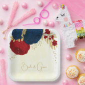 ロマンチックな濃い赤と海軍の青い花金ゴールド ペーパープレート (パーティー)