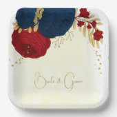 ロマンチックな濃い赤と海軍の青い花金ゴールド ペーパープレート (正面)