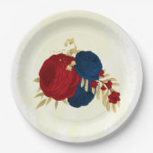 ロマンチックな濃い赤と海軍の青い花金ゴールド ペーパープレート (正面)