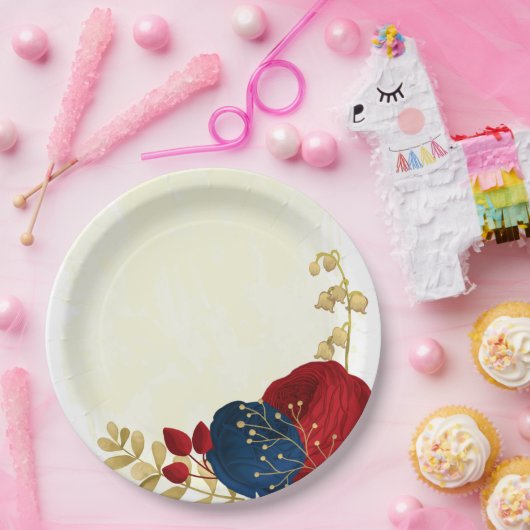 ロマンチックな濃い赤と海軍の青い花金ゴールド ペーパープレート (パーティー)