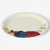 ロマンチックな濃い赤と海軍の青い花金ゴールド ペーパープレート (アングル)