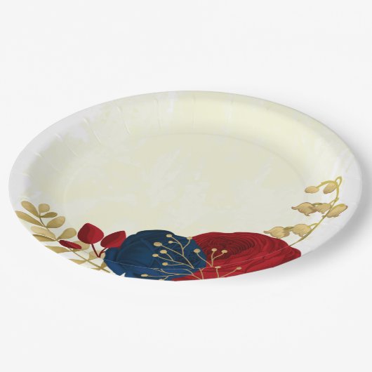 ロマンチックな濃い赤と海軍の青い花金ゴールド ペーパープレート (アングル)