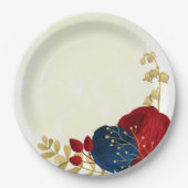 ロマンチックな濃い赤と海軍の青い花金ゴールド ペーパープレート (正面)
