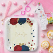 ロマンチックな濃い赤と海軍の青い花金ゴールド ペーパープレート (パーティー)