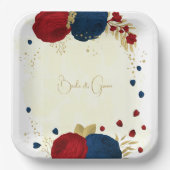 ロマンチックな濃い赤と海軍の青い花金ゴールド ペーパープレート (正面)