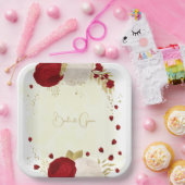 ロマンチックな濃い赤と白の花金ゴールド ペーパープレート (パーティー)