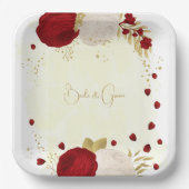 ロマンチックな濃い赤と白の花金ゴールド ペーパープレート (正面)