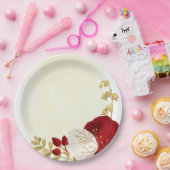 ロマンチックな濃い赤と白の花金ゴールド ペーパープレート (パーティー)