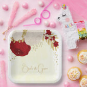 ロマンチックな濃い赤と白の花金ゴールド ペーパープレート (パーティー)