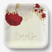 ロマンチックな濃い赤と白の花金ゴールド ペーパープレート (正面)