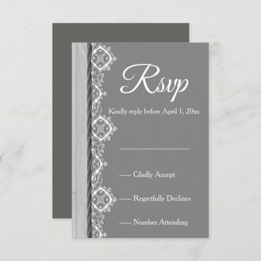 ロマンチックな灰色の白いレースと灰色の結婚式RSVP 出欠カード (正面/裏面)