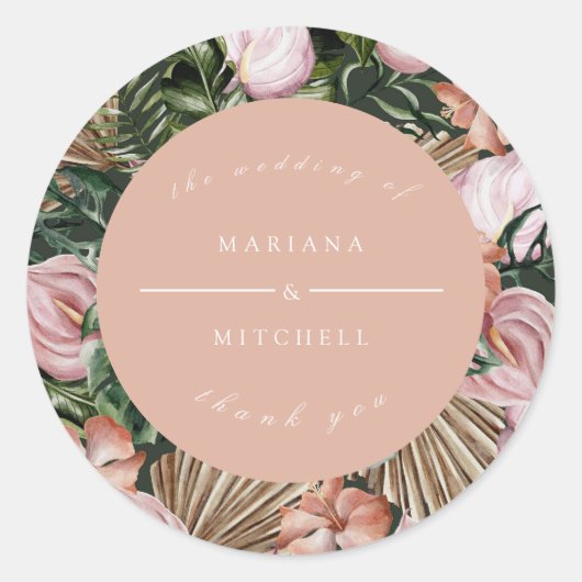 ロマンチックな熱帯フローラソフトピンクグリーン桃 ラウンドシール (正面)