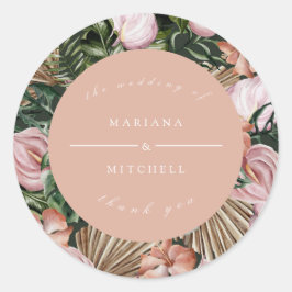 ロマンチックな熱帯フローラソフトピンクグリーン桃 ラウンドシール