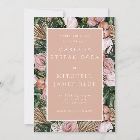 ロマンチックな熱帯フローラソフトピンクグリーン桃 招待状 (正面)