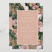 ロマンチックな熱帯フローラソフトピンクグリーン桃 招待状 (正面/裏面)