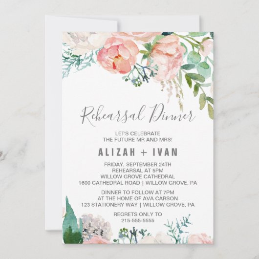 ロマンチックな牡丹の花リハーサルディナー 招待状 (正面)