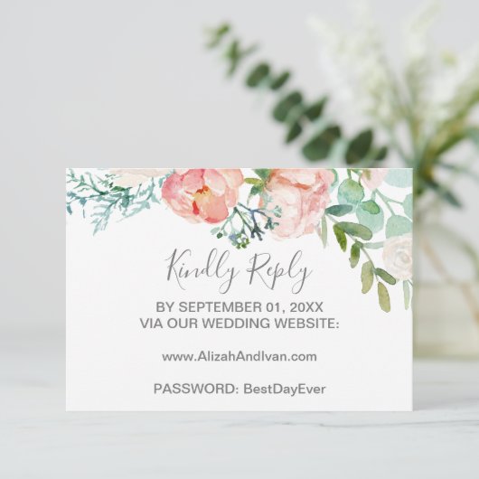 ロマンチックな牡丹の花結婚のウェブサイトRSVPカード 出欠カード (スタンド正面)