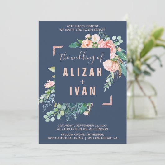 ロマンチックな牡丹の花 |の青結婚色 招待状 (スタンド正面)