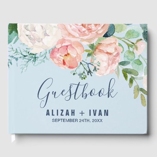 ロマンチックな牡丹の花 |ライトブルー結婚ズ ゲストブック (正面)