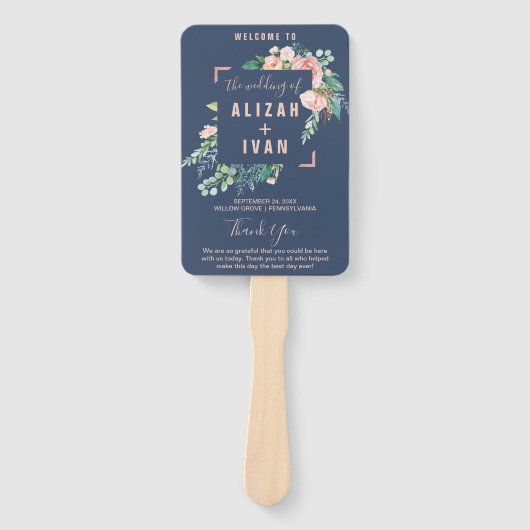 ロマンチックな牡丹の花 |青い結婚式 プログラム ハンドファン (正面)