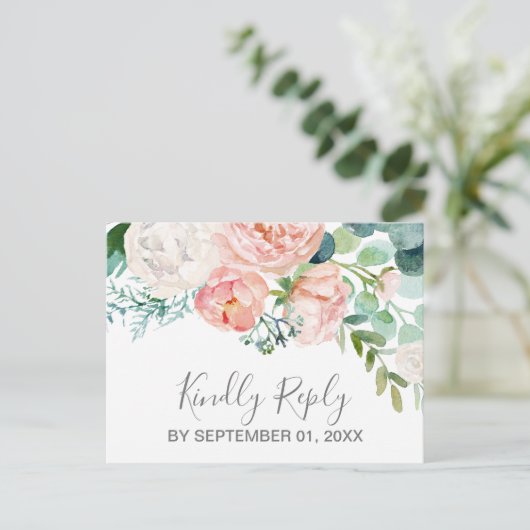 ロマンチックな牡丹フラワーズソングリクエストRSVPポストカード インビテーションポストカード (スタンド正面)