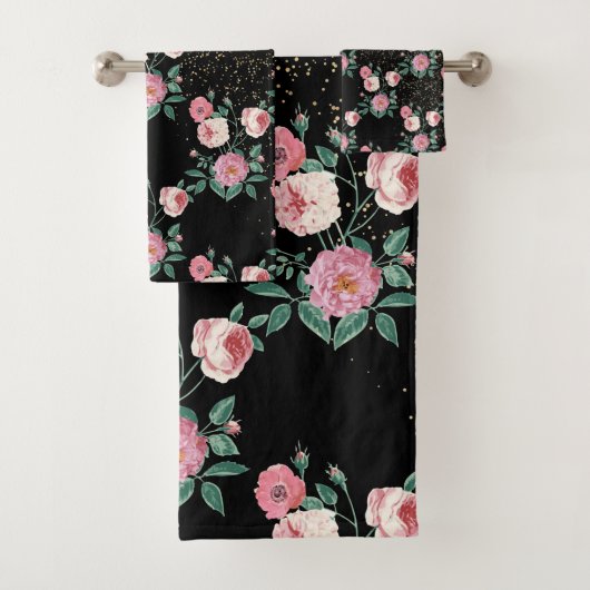 ロマンチックな牡丹フローラと金色の紙吹雪デザイン バスタオルセット (インサイチュ)