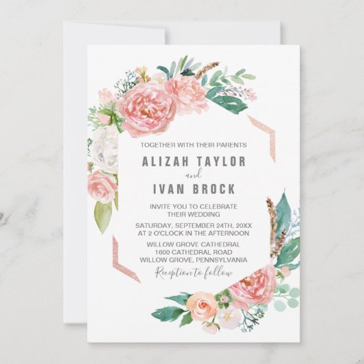 ロマンチックな牡丹結婚の花 招待状 (正面)