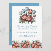 ロマンチックな牡丹&チューリップ日付カードを保存 招待状 (正面/裏面)