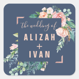 ロマンチックな牡丹 |ブルー結婚の封筒用シール スクエアシール