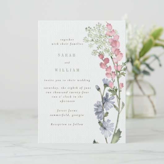 ロマンチックな牧草地の花結婚式招待状 招待状 (スタンド正面)