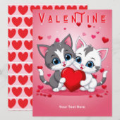 ロマンチックな猫とハートピンク赤バレンタインデー シーズンカード (正面/裏面)