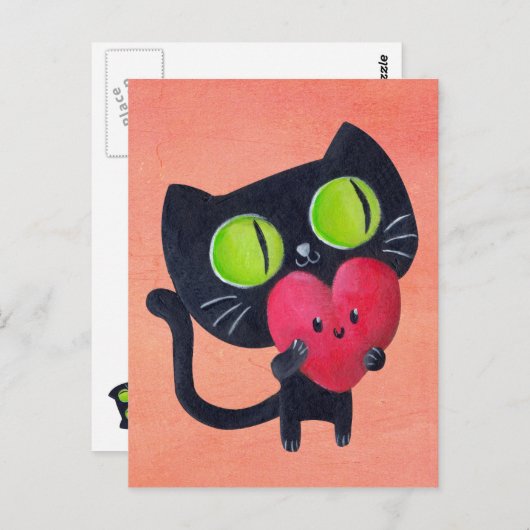 ロマンチックな猫ハグリングレッドキュートハート ポストカード (正面/裏面)