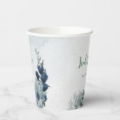 ロマンチックな白いダスティーブルー & ネイビーブルーの花と緑の葉 紙コップ (左)