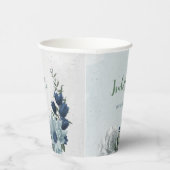 ロマンチックな白いダスティーブルー & ネイビーブルーの花と緑の葉 紙コップ (右)