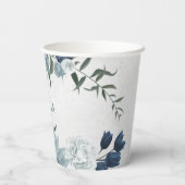 ロマンチックな白いダスティーブルー & ネイビーブルーの花と緑の葉 紙コップ (裏面)