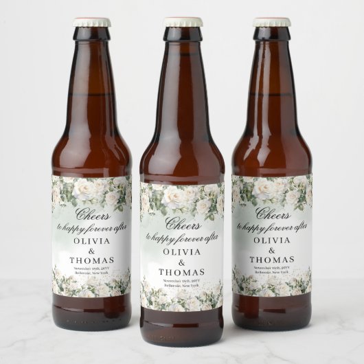 ロマンチックな白いバラのユーカリプトゥスグリーンリーと金ゴールド ビールラベル (ボトル)